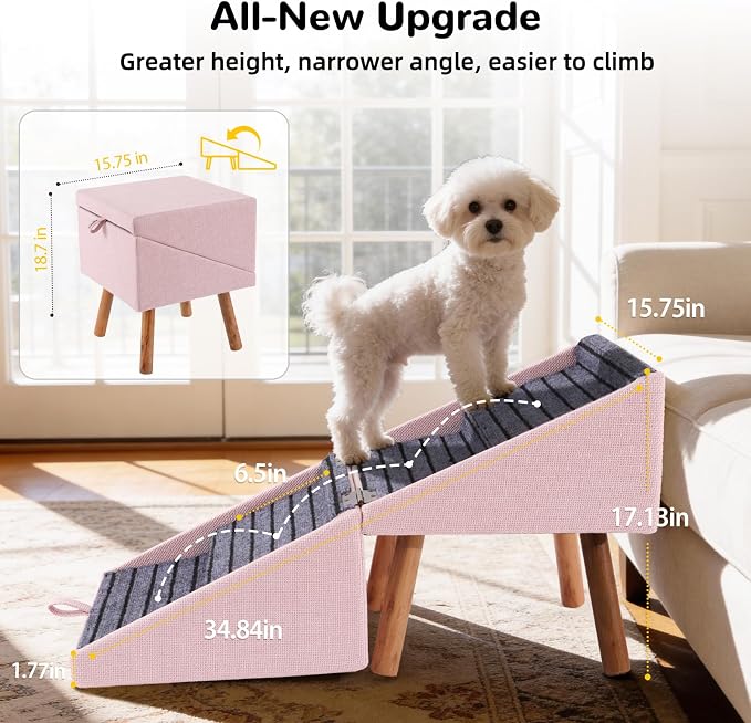 Dog ramp for Small Dogs, 2-in-1 Pet Steps & Ottoman - Foldable Dog ramp for Couch, Non-Slip Wooden Pet ramp for Puppy Senior Injured Dogs (Pink, XL(17.13H))