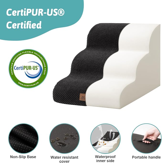 COZY KISS Wide Dog Stairs for Small Dog 15.7" H, Pet Step for Puppy, Older Cat, Curved Ramp for Couch, Durable Anti-Slip Ladder with High Density Foam, 3 Step, 17.7x22.4x15.7 inch, Black