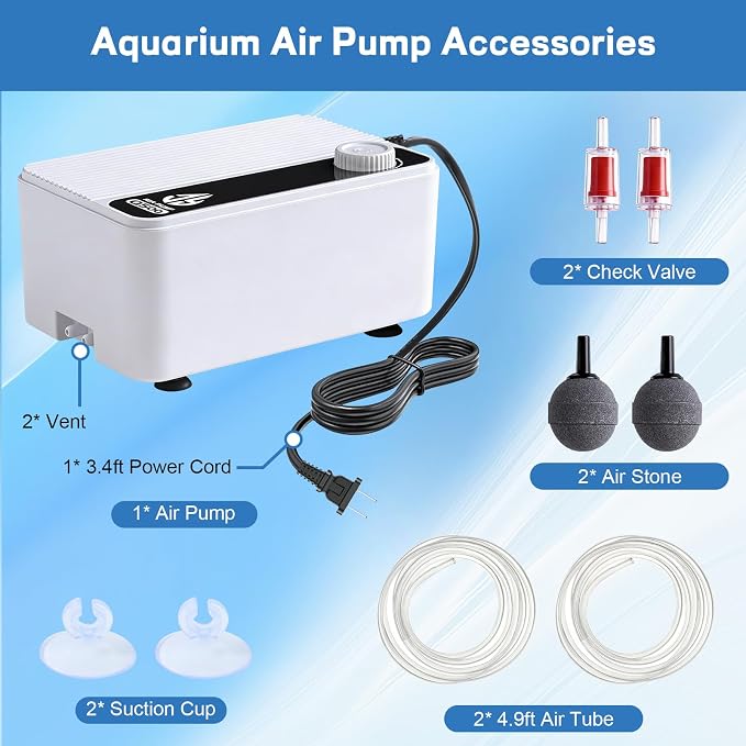 Aquarium Air Pump, Quiet Powerful Fish Tank Air Pump, Adjustable Fish Tank Bubbler with Air Stone, 2.3W/5.5W/8W Bubbler for Aquarium Fish Tank for Small Medium Large Fish Tank Up to 200 Gallon
