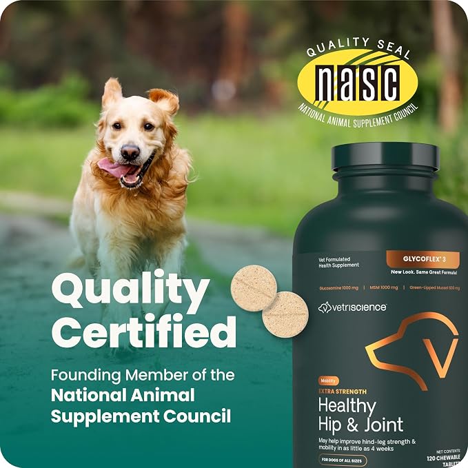 VetriScience Extra Strength Healthy Hip & Joint Chewable Tablets, GlycoFlex Glucosamine and Green-Lipped Mussel Joint Support Supplement for Dogs, Soothe Joint Discomfort, Chicken, 120 Count