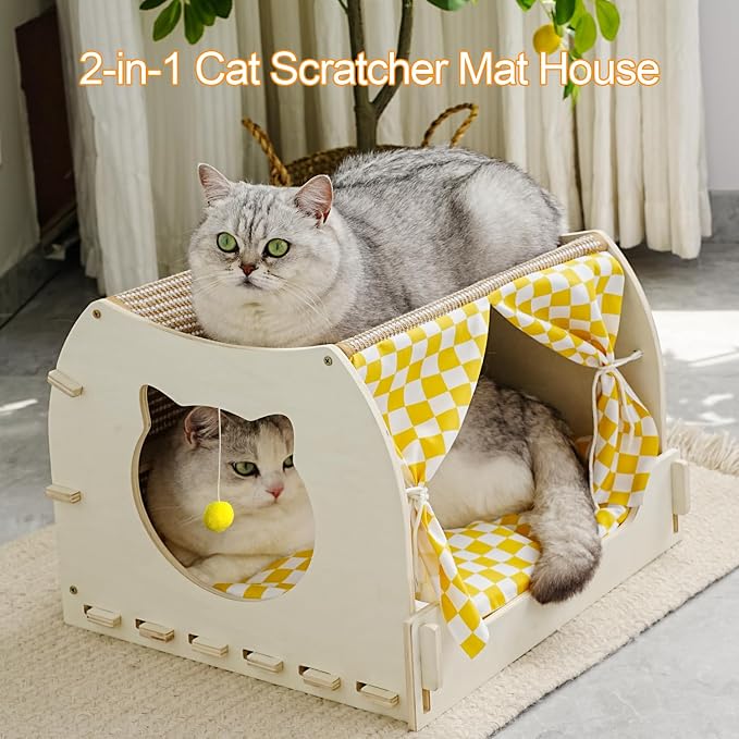 VARMTOR Cat House Indoor, Cat Cave, Modern Kitten Bed with Scratch Pad and Fluffy Ball, Wooden Frame with Cushion and Curtains (M, Double-Layer)