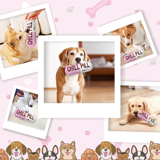 Wanheart Funny Chill Pill Dog Toy, Squeaky Plush Capsule for Teething Puppies & Cats, Interactive Chew Gift with Bite-Resistant Design, Pet Lover Present, Training Supply & Photo Prop(Pink)