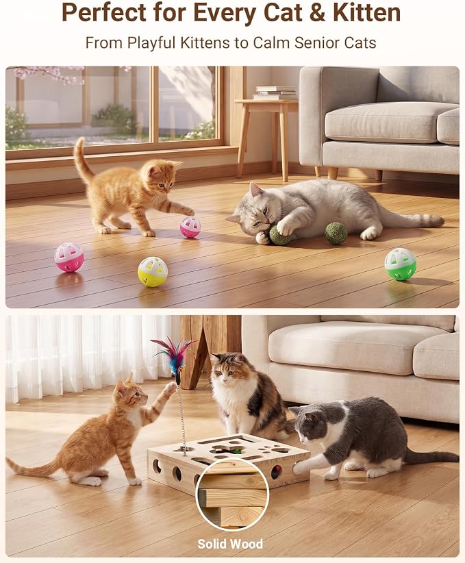 Cat Toys for Indoor Cats - Cat Nail File Box with Interactive Cat Toys, 2026 Upgraded Cat Puzzle Feeder Scratch Puzzle Toy for Indoor Cats, Natural Claw Care (Natural Wood)