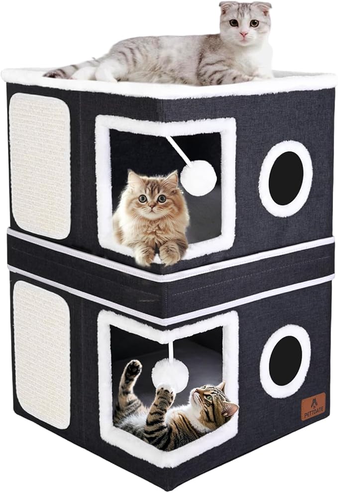 2-Story Cat House for Indoor Cats, Dual-Purpose Cat Cave Bed with Scratch Pad and Fluffy Ball, Foldable Cat Hideaway, Cute Cat Condo Furniture for Multi Small Pet Kitten, Dark Grey