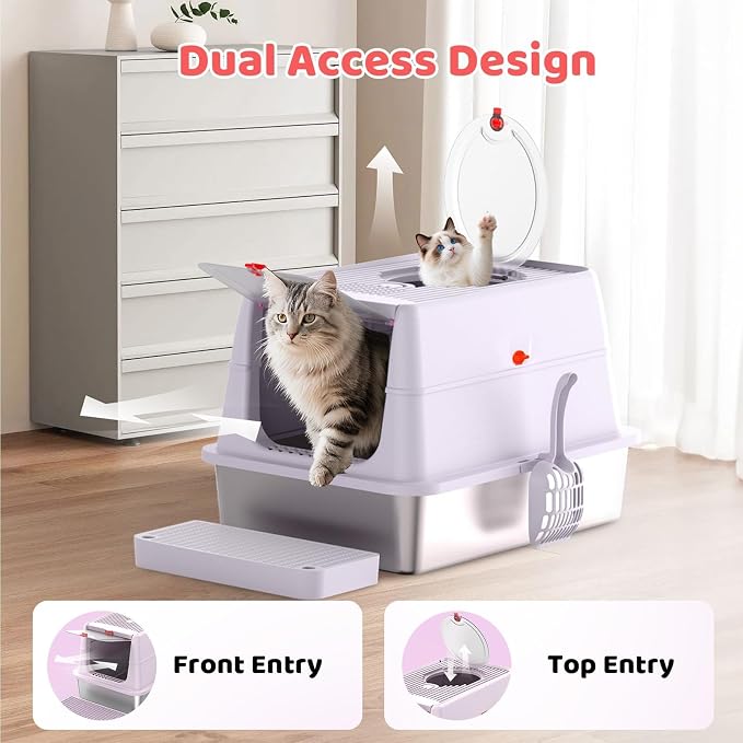 Stainless Steel Cat Litter Box with Lid, 180° Flip Top Kitty Litterbox, XL High Sided Enclosure Litter Pan for Big Cats, Front & Top Entry, Anti-Leakage, Odor-Free, Includes Scoop Mat, Purple Pink