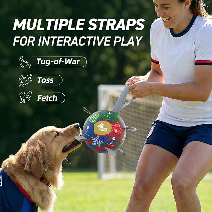QDAN Dog Soccer Ball with Straps, 7 Inch World Cup Soccer Ball for Dogs, Water Toy, Dog Ball Toys for Medium Large