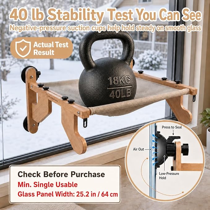 Wide Stable 40 lb Tested Cat Window Perch for Large Cats, 20.1 x 25.2 in Overall Frame, Solid Wood Cat Window Seat with Suction Cups & Steel Hooks, No-Drill for Windows & Sofas