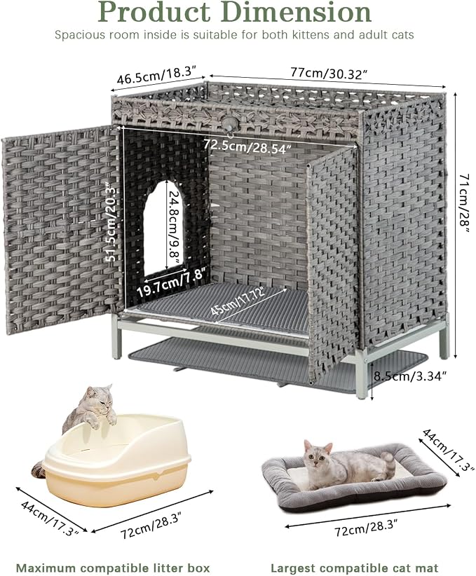 SETVSON Cat Litter Box Enclosure Furniture, Hidden Handwoven Rattan Litter Box with Mat, Large Cat House with Metal Heightened Feet, 30.3 x 18.3 x 28 Inches, Indoor for Living Room, Bedroom Gray