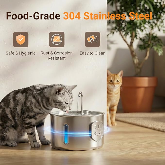 Stainless Steel Cat Water Fountain, 4L/135oz Large Capacity Automatic Pet Water Fountain for Cats & Small Dogs, Quiet USB Powered Pet Water Dispenser with 4 Filters & 4 Sponges