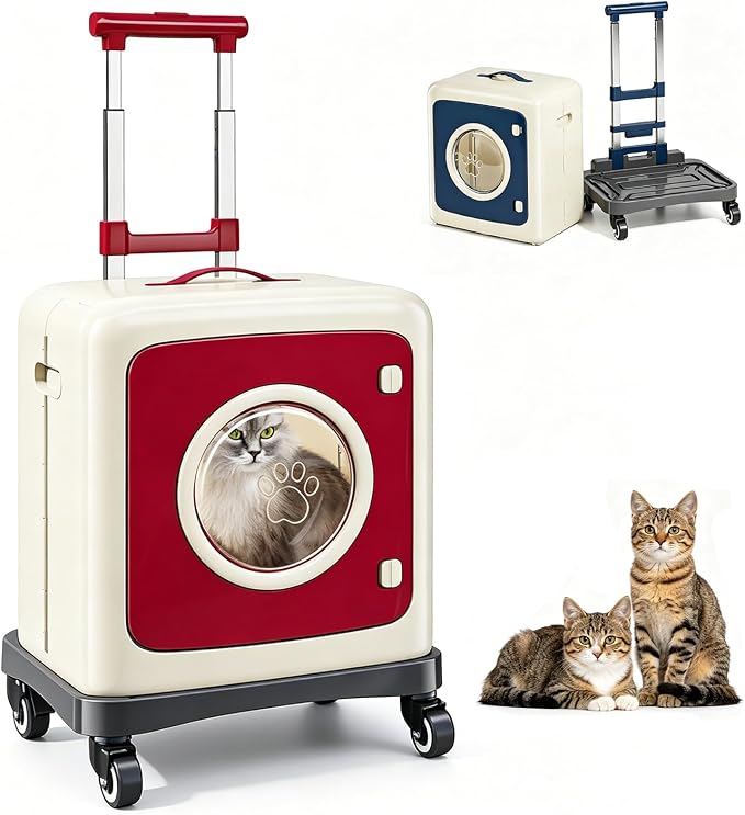 Pet Carrier with Wheels Foldable Cat Carrier, 3-Level Adjustable Handle 360° Wheels, Detachable Multi-Use Rolling Pet Travel Carrier for Cats & Small Dogs, Portable Outdoor Travel Pet Crate (Red)