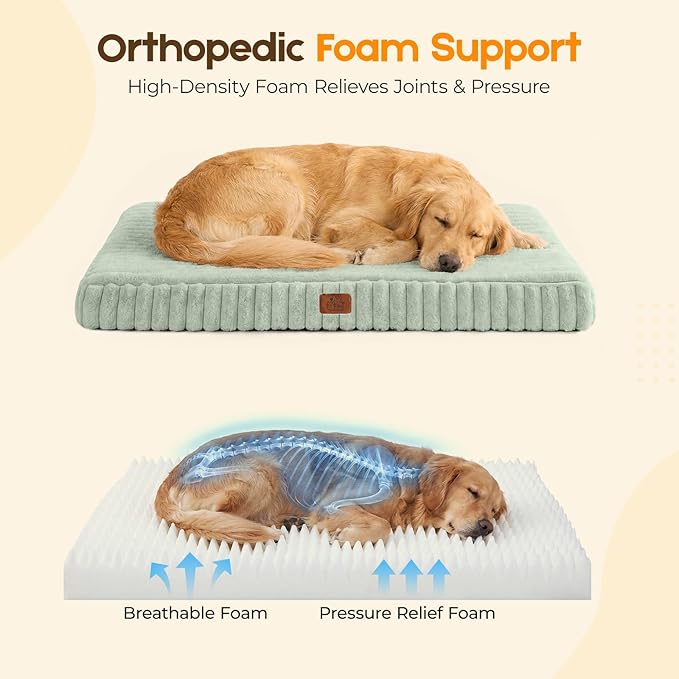 Orthopedic Dog Bed for Large Dog, Waterproof Pet Bed for Crate,Non-Slip Bottom and Egg-Crate Foam with Removable Washable Cover Crate Bed,Green,35"x22"x3"
