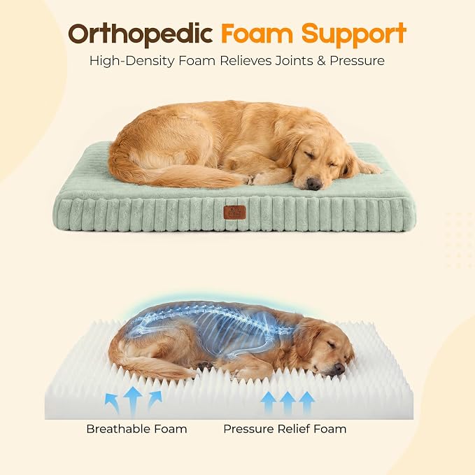 Orthopedic Dog Bed for Extra Large Dog, Waterproof Pet Bed,Non-Slip Bottom and Egg-Crate Foam with Removable Washable Cover Crate Bed,Green,42"x30"x4"