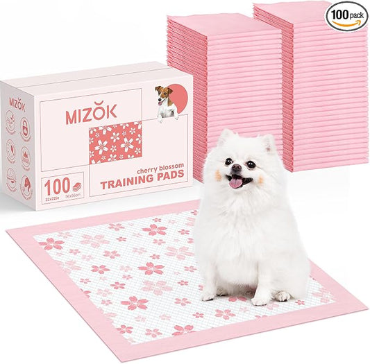 MIZOK Puppy Pads Pink 22x22in, Ultra Absorbent Wee Wee Pads with Pheromone Attractant, Decorative Cherry Blossom 6-Layer Leak-Proof Potty Training Pads, Disposable (100 Count)