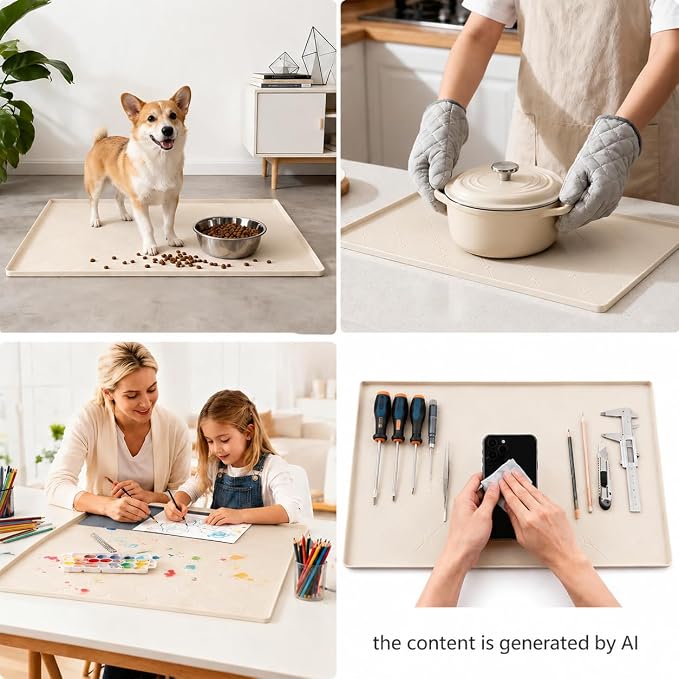 19" × 22" Under Sink Mats for Kitchen - Waterproof Under-Sink Organizers Sink Mat Protectors, Flexible Silicone Drip Tray Pet Food Mats Kitchen Bathroom Drawer Shelf and Cabinet Liner, Beige