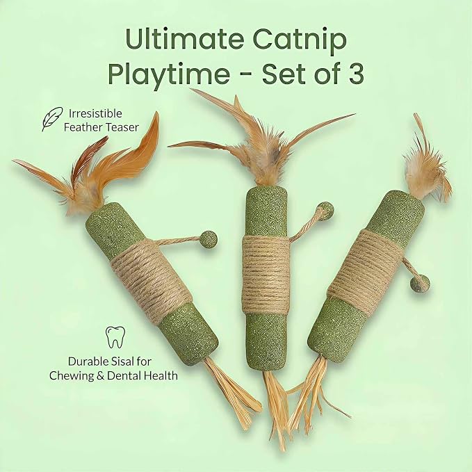 3 Pack Large Catnip Sticks with Feathers & Raffia, Interactive Cat Toys for Teeth Cleaning, Fresh Breath,Edible Cat Chew Sticks