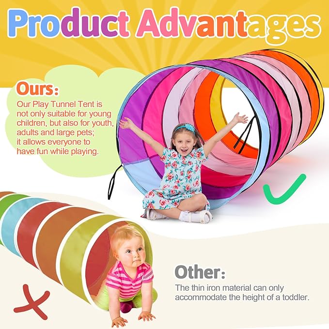 27.6 Inch Large Play Tunnel for Kids Colorful Play Tent Crawl Tunnel Toddlers Babies Children or Dogs, Collapsible Gift for Boy Girl Toys Indoor Outdoor(2 Pcs)