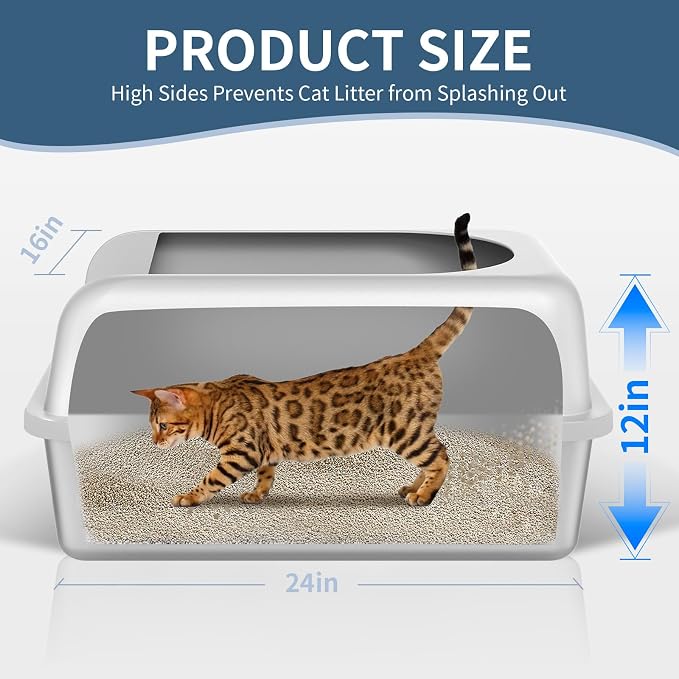 Prodigen Extra Large Stainless Steel Cat Litter Box with Lid High Wall Sides Enclosure, Non-Sticky, Anti-Leakage, Easy Cleaning，with Cat Mat & Metal Scoop, 24" L x 16" W x 12" H, 2 Pack