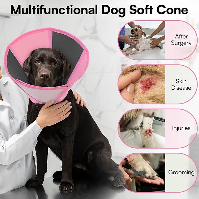 Queenmore Dog Cone Collar, Dog Cones for Small Dogs, Soft Cone for Small Dogs, Waterproof Pet Cones After Surgery to Stop Licking, Easy Clean Recovery Collar for Wound Healing (Light Pink,S)