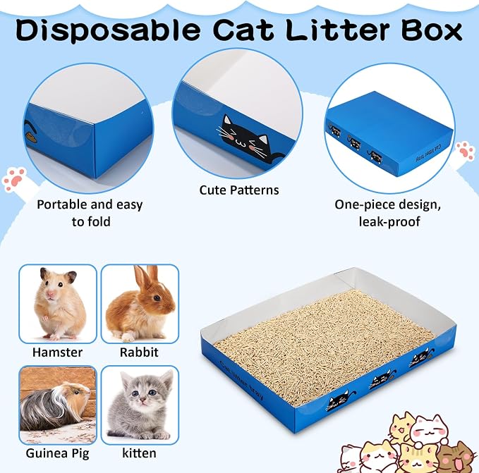 Amyhill 30 Pack Disposable Cat Litter Box 13.8x10x2in Foldable Paper Kitty Trays Bulk Portable Water Proof Cardboard Boxes for Cats Rabbits Guinea Pig Hamster Pets Travel Indoor Supplies(Royal Blue)