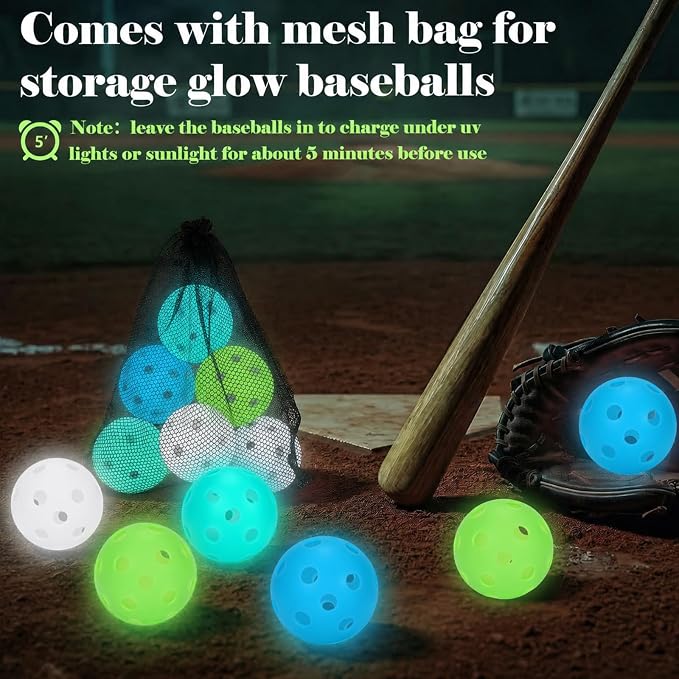 Coopay 3/6/12 Pack Practice Balls Glow in The Dark Baseballs Plastic Soft Baseballs with Drawstring Bag for Indoor Outdoor Night Training, Backyard Games Batting Hitting Softballs