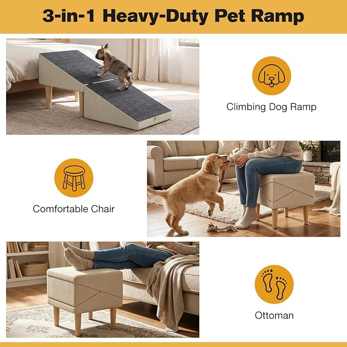 2-in-1 Folding Dog Ramp & Stairs for Small Dogs and Cats Split Ottoman for Couch/Bed, with Removable Washable Anti-Slip Mat & Cleaning Brush, Khaki