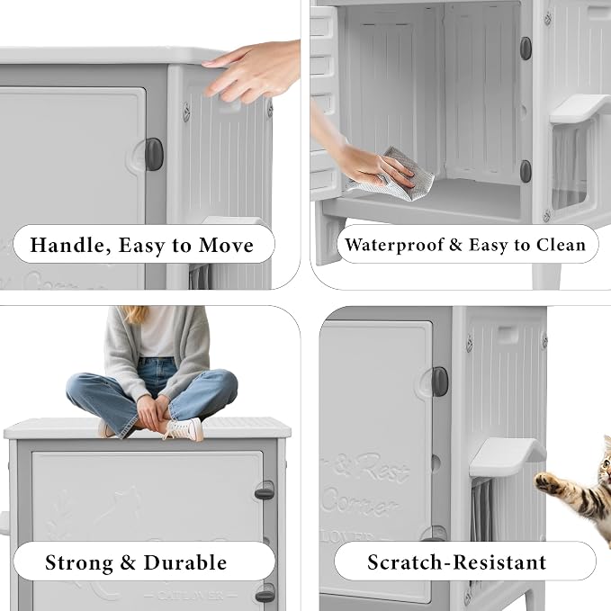 Cat Litter Box Enclosure Furniture Plastic Hidden Enclosed Litter Box Cabinet Cat House Kitty End Table for Living Room, Entryway, Balcony, Bedroom