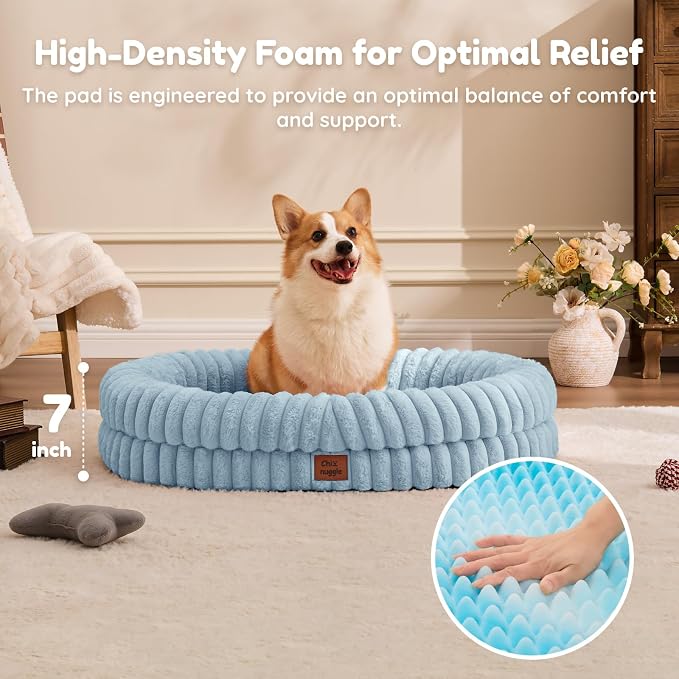 ChiXnuggle Orthopedic Dog Bed for Large Dogs, Waterproof Faux Rabbit Fur Dog Couch with Egg Crate Foam Support and Washable Removable Cover, Bolster Pet Sofa with Non-Slip Bottom, 35x28x7, Light Blue