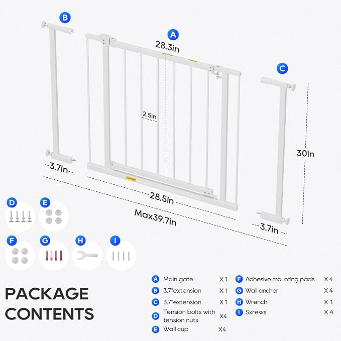 FDW 30" Tall Pressure Mount Dog Gate, 28.3"-39.7" Wide Auto Close Pet Safety Gate No Drill Extra Wide Pet Gate Adjustable Dog Gates Metal Gates for Stairs Doorway Kitchen Hallway Entry, White