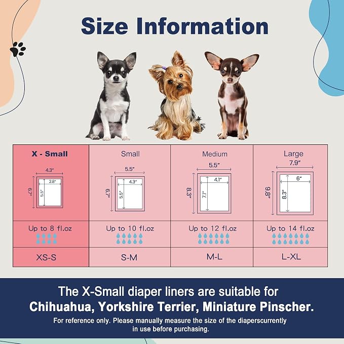 Dog Diapers Liners, 150 Ct, XS, Super Absorbent Booster Pads for Male Dog Wraps and Female Dog Diapers, Lnnovative Velcro Design, Super-fit & No Shifting