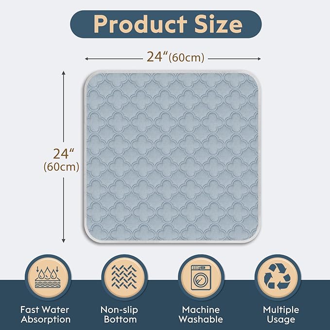 FunFurry Washable Pee Pads for Dogs - Reusable, Waterproof, Super Absorbent with Non-Slip Backing (Light Grey, 24" X 24" - 2 Pack)