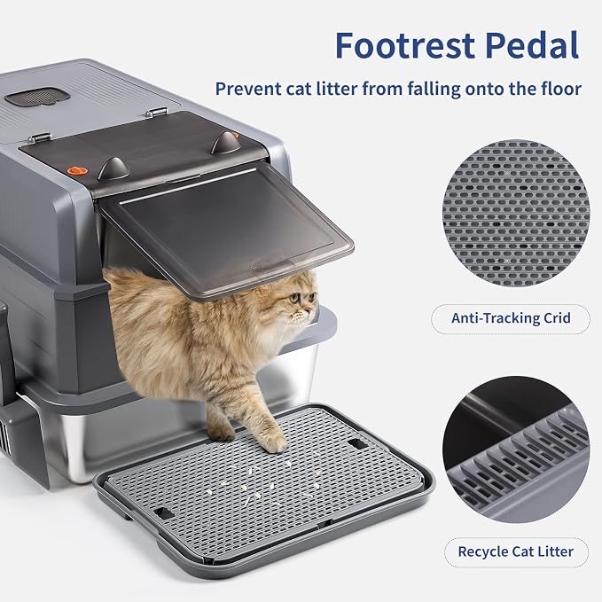 XXXL Stainless Steel Litter Box with Lid, Extra Large 28" L x 20" W x 17" H Enclosed Metal Cat Litter Box with Litter Scoop & Foot Pedal, Odor Control for Big Cats, Multiple Cats (Dark Grey)