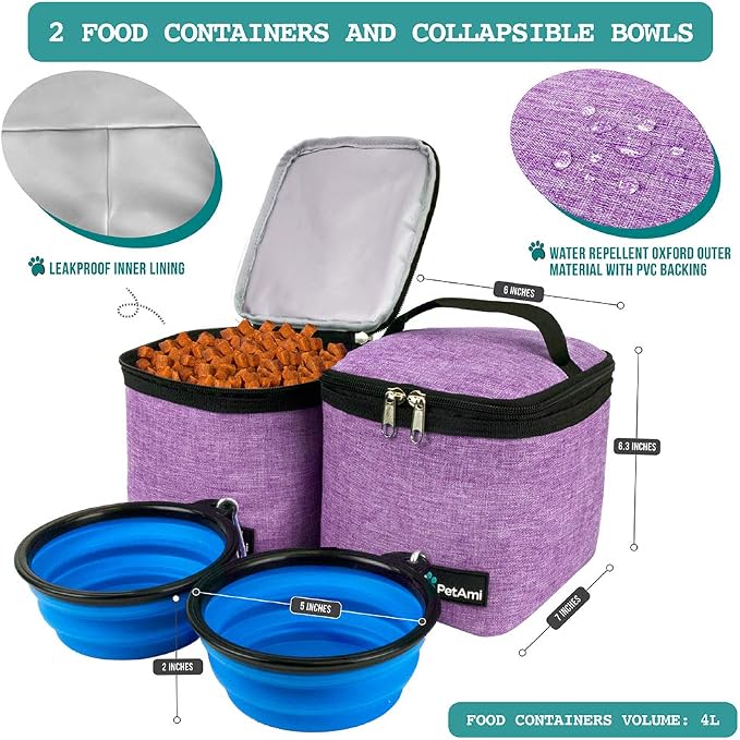PetAmi Dog Travel Bag Backpack, 27L Airline Approved Pet Supplies Organizer with 2 Food Containers, 2 Collapsible Bowls & Poop Bag Dispenser, Weekend Road Trip Camping Dog Mom Gift, Purple