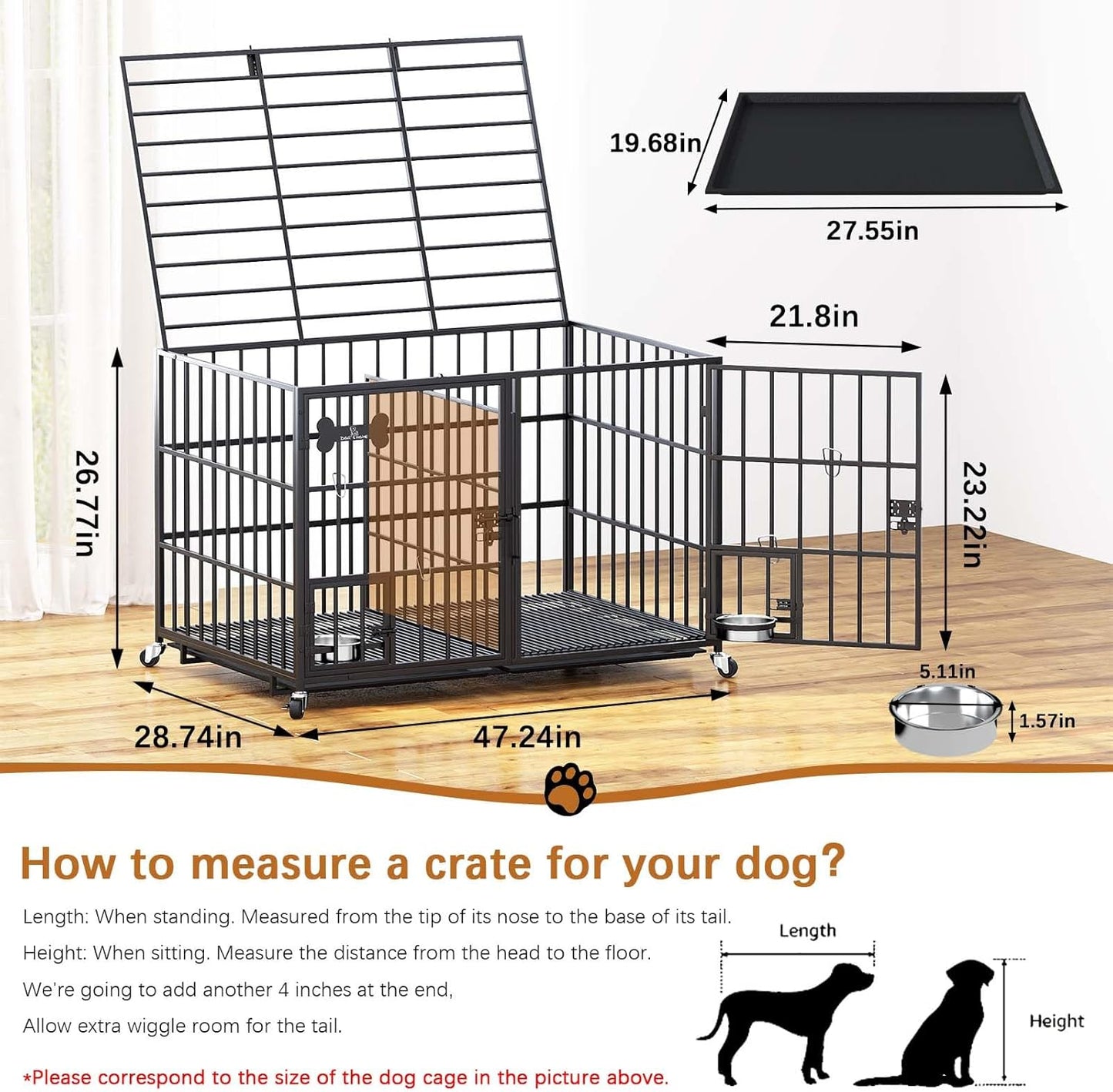 aboxoo 48/42 inch XL Dog Crate for Large Dog/Double Medium Dogs,Heavy Duty Metal Dog Cages,All Metal Open Top,Dog Kennel Indoor with Wheels,Floor Grid, Tray, Divider and Feeding Bowl