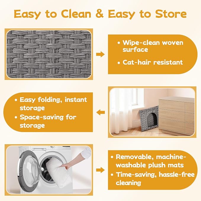 Snughome Handwoven Rattan Cat House - Indoor Foldable Cat Bed Cave with 2 Removable Bed Mats, Large Kitten House, Hideaway Pet Cube, 16.54 x 16.54 x 12.6 Inches, Grey, for Living Room & Bedroom