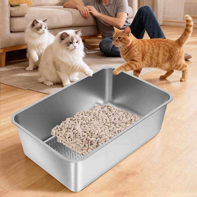 Stainless Steel Sifting Litter Box, 23.6" L x 15.7" W x 8" H Semi-Enclosed Metal Cat Litter Box with Sifting Pan, Scoop for Big Cat Easy Cleaning