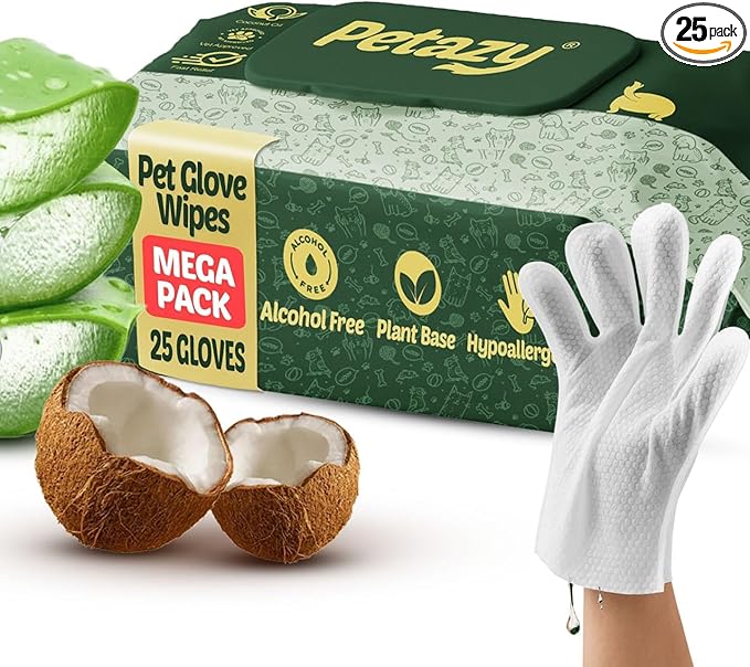Petazy Pet Glove Wipes for Dogs & Cats – Hypoallergenic Thick Cleaning Gloves with Aloe & Coconut Oil for Paws, Face, Ears & Butt, Instant No Rinse Grooming Wipes to Deodorize and Hydrate, 25 Pack