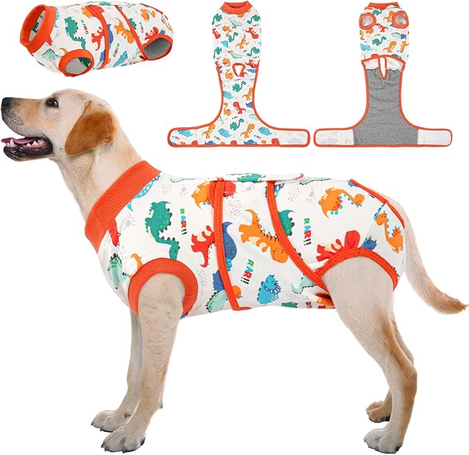 Kuoser Dog Surgery Recovery Suit, Soft Breathable Dog Recovery Suit for Female Spay Male Nueuter, Anti Licking Puppy Onesie Pet Surgical Suit for Dogs Abdominal Wounds Skin Disease, Dinosaur 2XL
