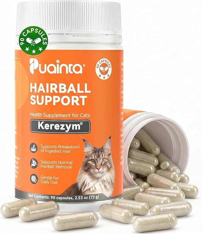 PUAINTA Cat Hairball Control – Alternative to Hairball Gel & Paste, Hairball Remedy for Cats, No Mineral Oil, Easy Capsule Supplement for Hairball Relief, Reduce Shedding, Skin & Coat (90 Count)