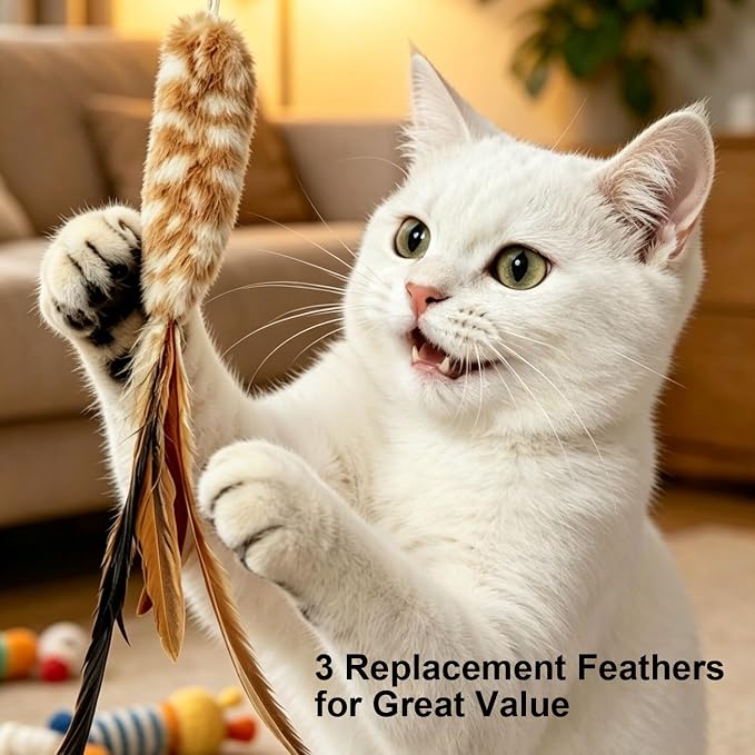 TTcat 63.39” Extra Long Cat Teaser Wand, Retractable Flexible Wire Rod, Bite Resistant with 3 Feather Refills, Interactive Cat Toy for Boredom Relief.