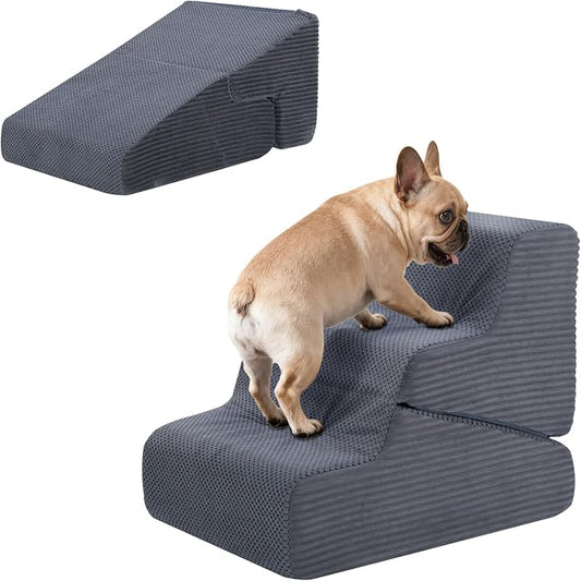 Dog Ramp for Bed, 16.5" H Dog Stairs for High Bed, 2 in 1 Pet Steps for Small Dogs, 3-Step Foldable Transformable Large Cats Ramp to Get on Couch, Non-Slip Balanced, Grey