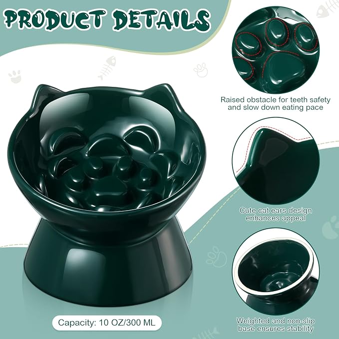 Funnymoom 2 Pcs Ceramic Raised Slow Feeder Cat Bowl, 5.91inch Elevated Cat Slow Feeder Bowl Tilted Anti Vomiting for Dry Wet Food and Water Easy to Clean High Edge(Dark Green)