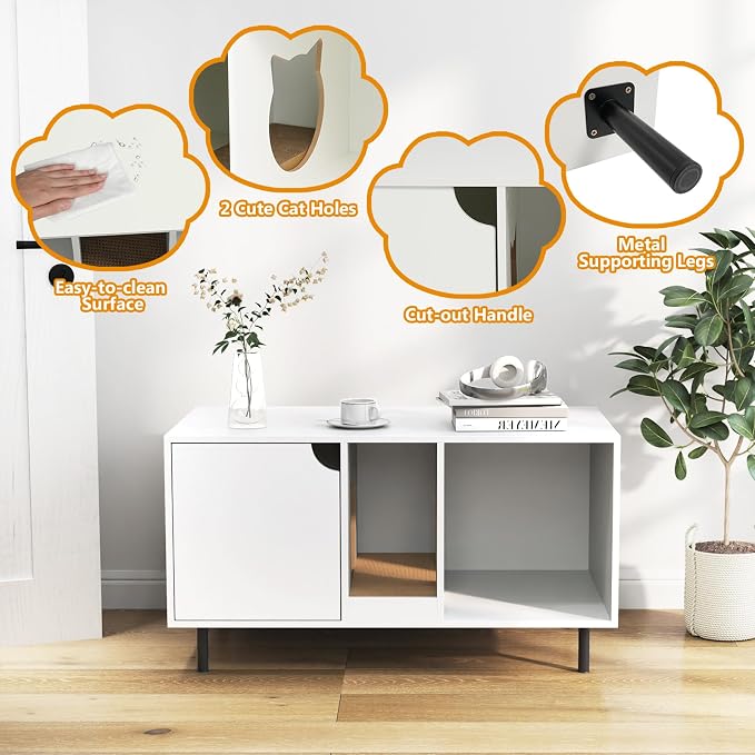 PETSITE Cat Little Box Enclosure, Litter Box Furniture with Removable Scratcher, Metal Legs, Cat Box Enclosure End Side Table, Hidden Litter Box Furniture, 40 x 21 x 22 inches (White)