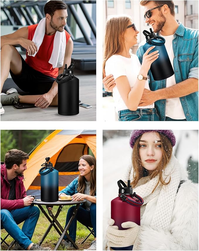 BENZZO 64/128 oz Water Bottles with Straw Auto Spout lid Keep Cold 48h,half gallon Water Jug Insulated with Carrier,Paracord Handle & Boot