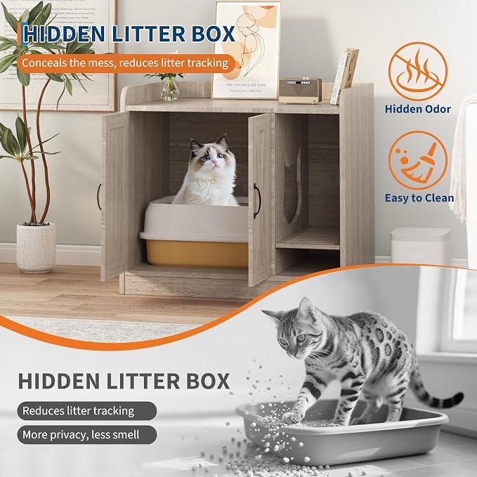 Cat Litter Box Enclosure,Hidden Litter Box Furniture with Divider,Indoor Cat House,Wooden Cat Washroom Storage Cabinet Bench, Side End Table Nightstand, 33.07" L × 23.62" W × 23.92" H,Light Gray