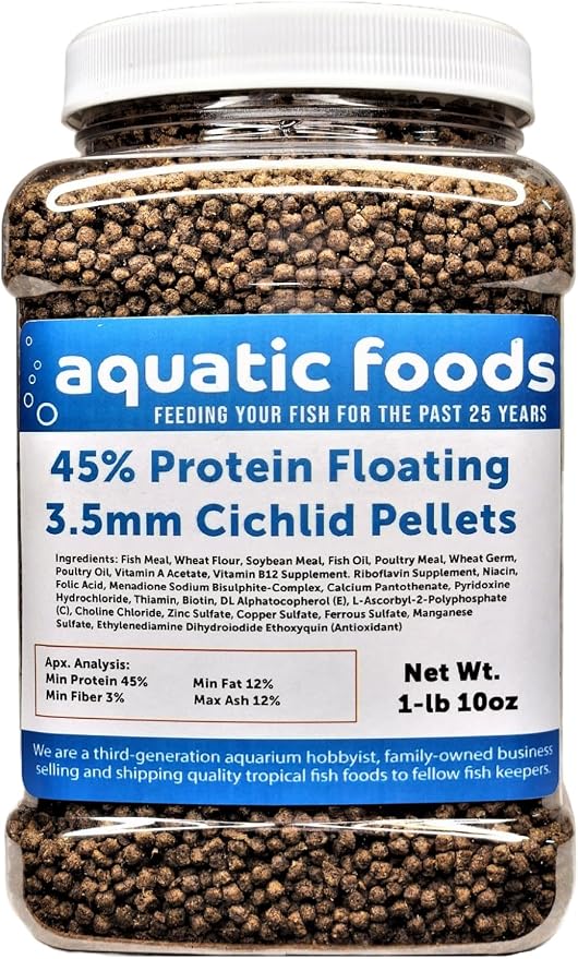 Cichlid Pellets, 45% Protein Floating 3.5mm (9/64") Pellets for Discus,Oscars, Central American, South American Cichlids…1-lb 10oz Med Jar
