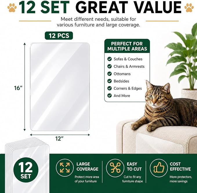 Cat Scratch Furniture Protector for Couch, 12 Pack Clear Couch Protector from Cat Claws, Self Adhesive Anti Scratch Furniture Protectors for Cats, Transparent Couch Corner Protectors, No Residue