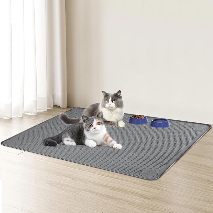 Cat Food Mat, 40" x 40" Extra Large Silicone Pet Feeding Mat with Raised Edge Pet Placemat for Food and Water Bowl Non-Slip, Easy to Clean, Floor Protection (Dark Grey)