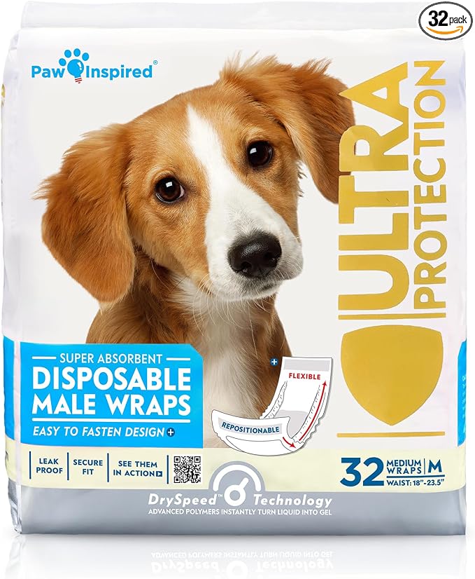 Paw Inspired Male Dog Wraps, Disposable Dog Diapers | Belly Bands for Small, Medium, Large Dogs (32 Count, Size Medium)