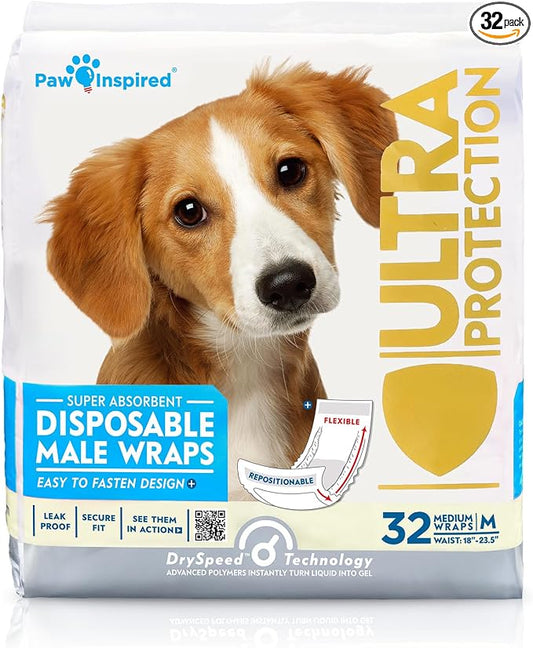 Paw Inspired Male Dog Wraps, Disposable Dog Diapers | Belly Bands for Small, Medium, Large Dogs (32 Count, Size Medium)