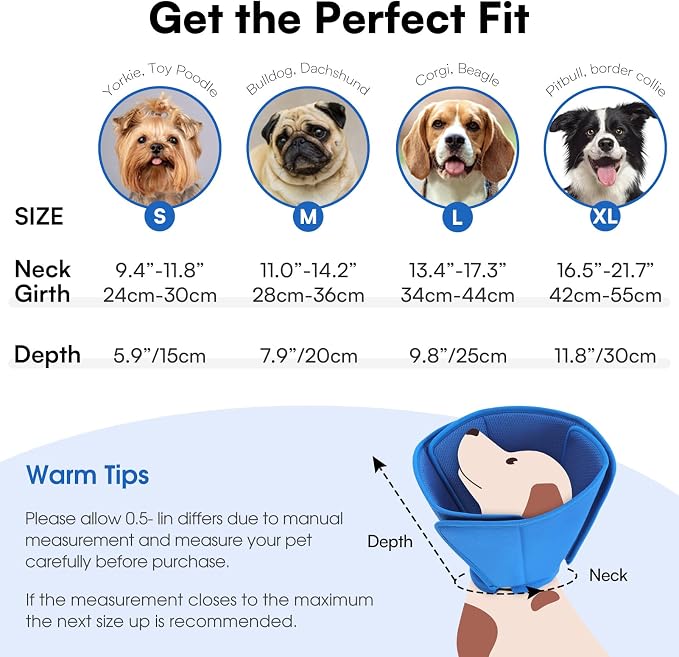 Queenmore Soft Dog Cone Collar,Comfortable Dog Cones for Medium Dogs/Cats to Stop Licking After Surgery,Comfy Cone for Dogs, Neuter Recovery Ecollars of Shame Alternatives,Blue,M